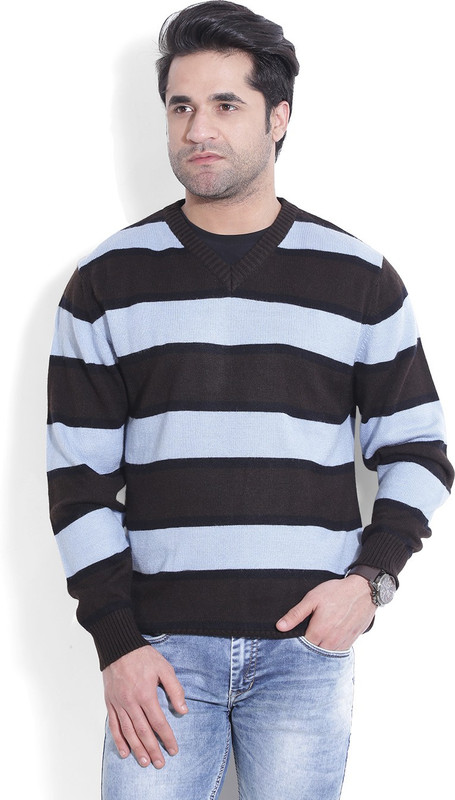 John Players Striped V-neck Casual Men Black, Light Blue, Brown Sweater