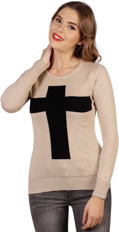 Ausehen Printed Round Neck Casual Women White, Black Sweater