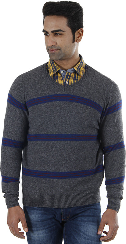 Flying Machine Striped V-neck Formal Men Grey Sweater
