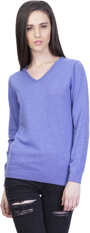 Kalt Solid V-neck Casual Women Blue Sweater