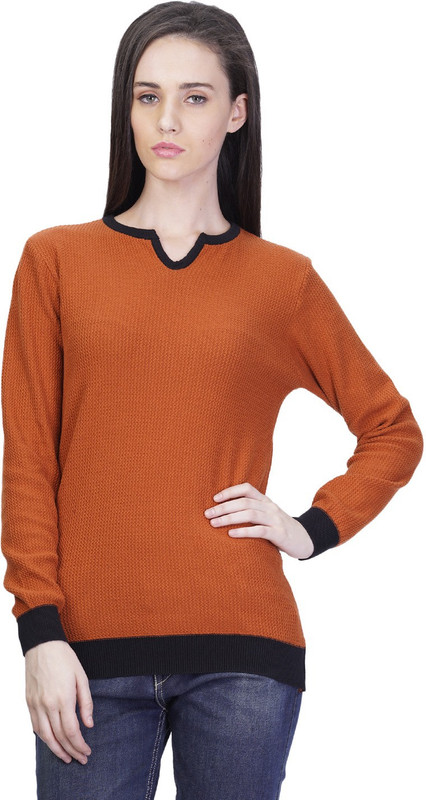 Kalt Self Design Round Neck Casual Women Orange Sweater