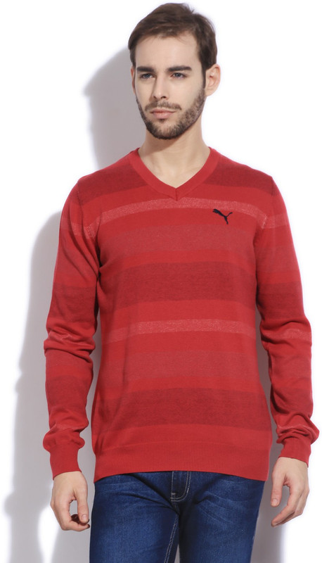 Puma Striped V-neck Casual Men Red sweater