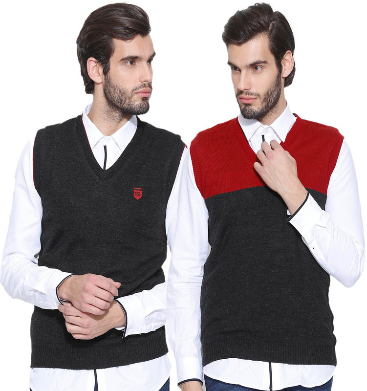 Sports 52 Wear Solid V-neck Casual Men Reversible Red Sweater