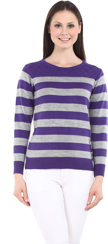 Miss Grace Striped Round Neck Casual Women Purple Sweater