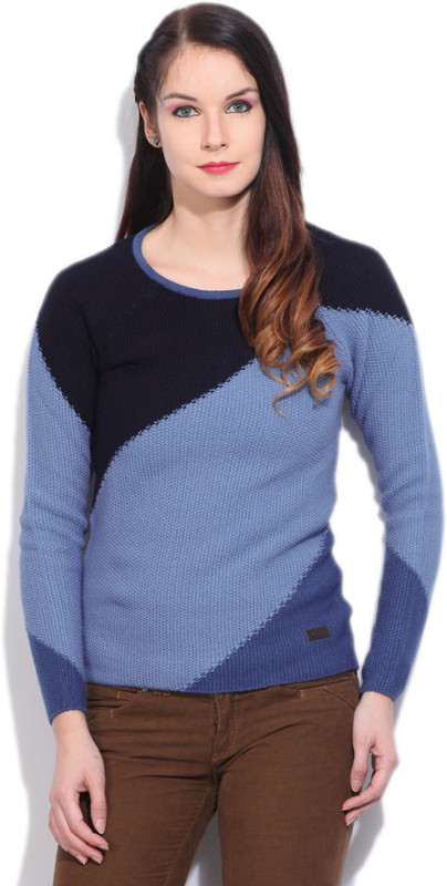 Wrangler Solid Round Neck Casual Women Blue, Purple Sweater