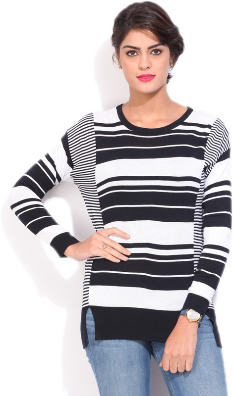 United Colors of Benetton Striped Round Neck Casual Women White Sweater