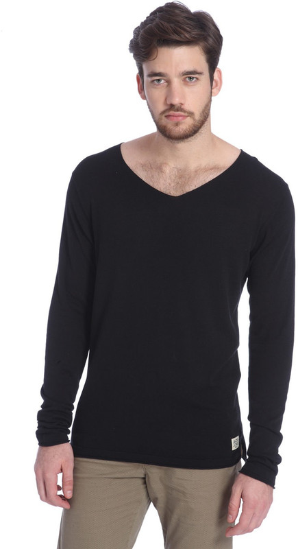 Jack & Jones Solid V-neck Casual Men Black Sweater