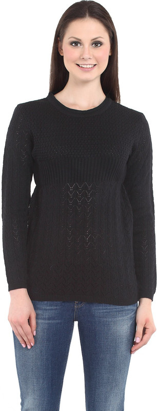 Miss Grace Self Design Round Neck Casual Women Black Sweater