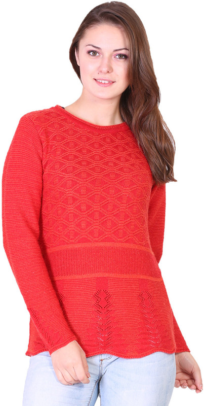 Miss Grace Self Design Round Neck Casual Women Red Sweater