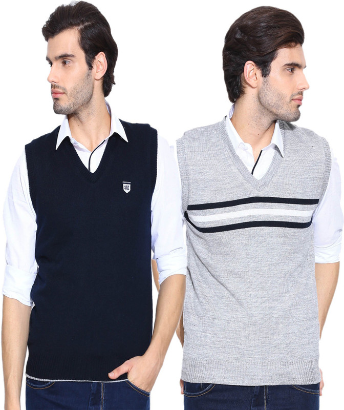 Sports 52 Wear Striped V-neck Casual Men Reversible Grey Sweater