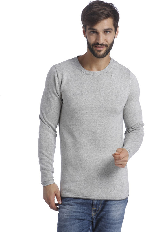 Selected Solid Round Neck Men Grey Sweater