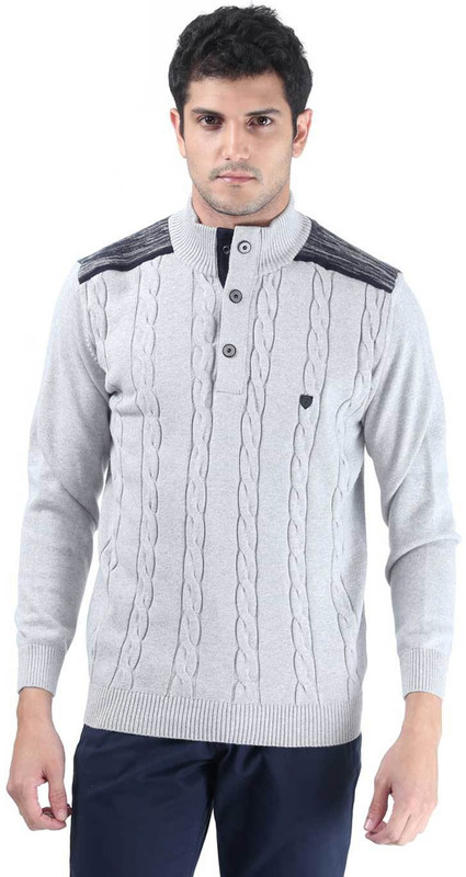 Consul Printed Turtle Neck Casual Men Grey Sweater