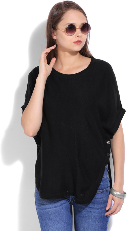 Flying Machine Solid Round Neck Casual Women Black Sweater