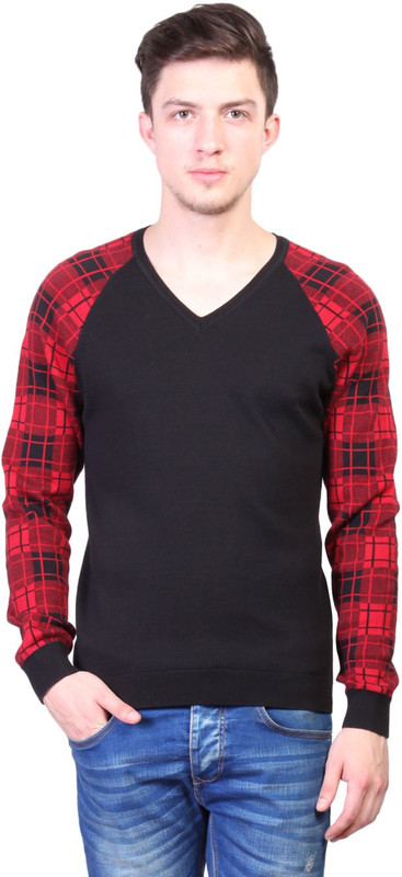 Kalt Checkered V-neck Casual Men Black Sweater