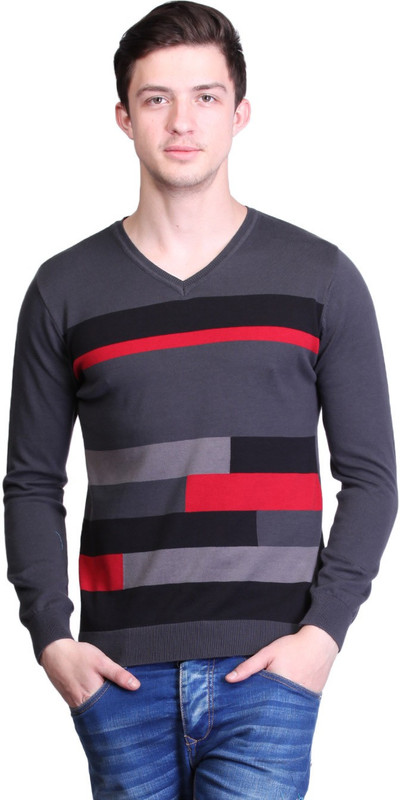 Kalt Self Design V-neck Casual Men Grey Sweater