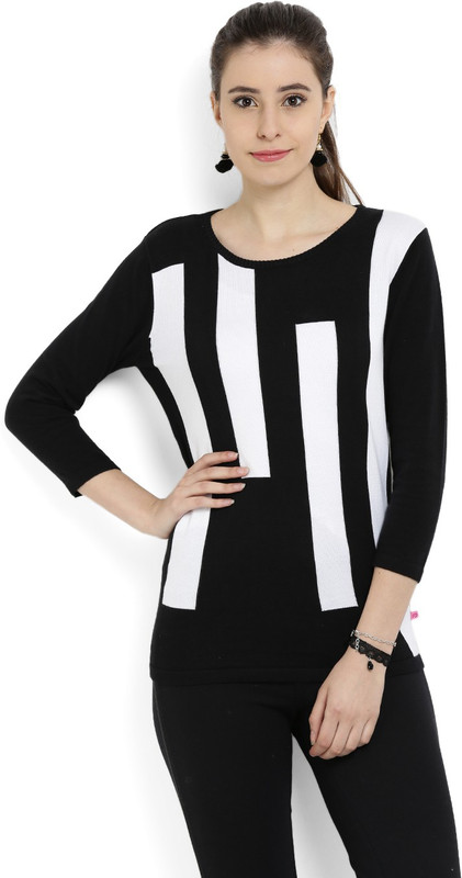 United Colors of Benetton Woven Crew Neck Casual Women Black Sweater