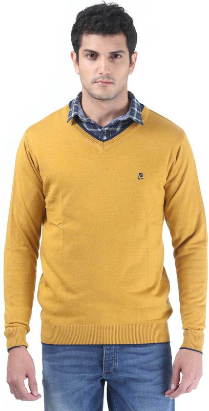 Consul Solid V-neck Casual Men Yellow Sweater