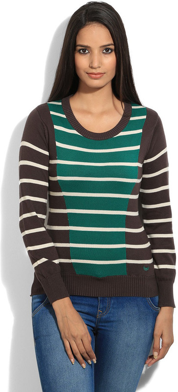 Flying Machine Striped Round Neck Casual Women Green, Brown Sweater