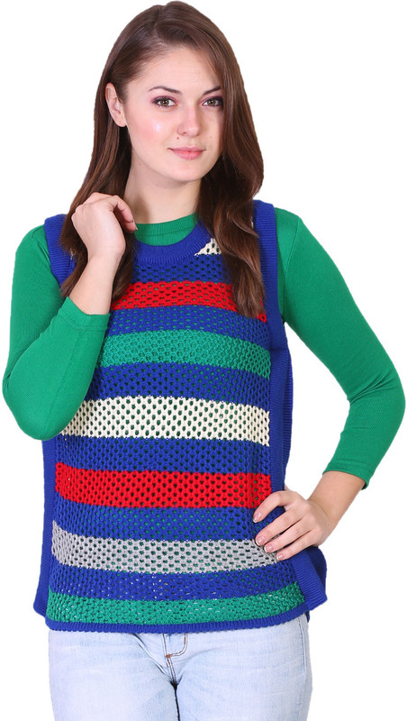 Miss Grace Striped Round Neck Casual Women Green Sweater