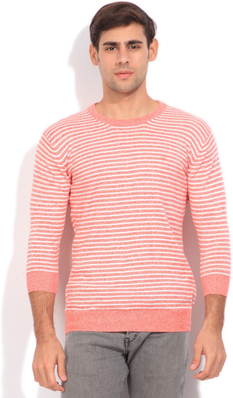 United Colors of Benetton. Striped Round Neck Casual Men White, Red Sweater