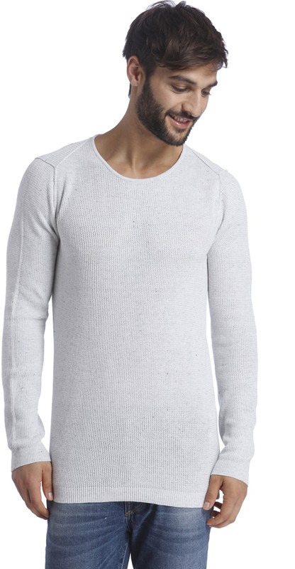 Selected Solid Round Neck Men White Sweater