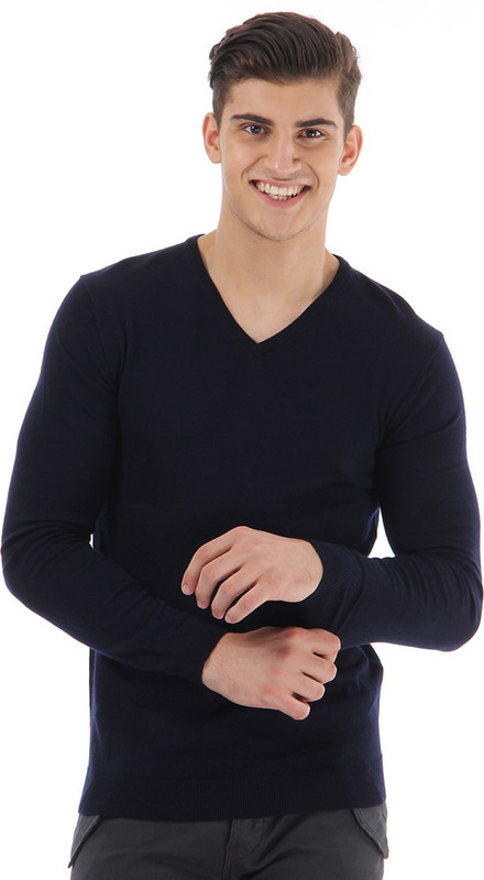 Selected Solid V-neck Casual Men Dark Blue Sweater