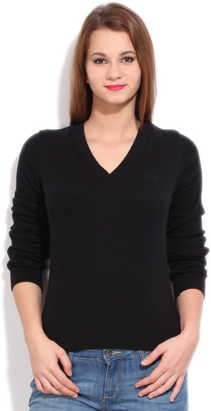 Puma Solid V-neck Casual Women Black Sweater