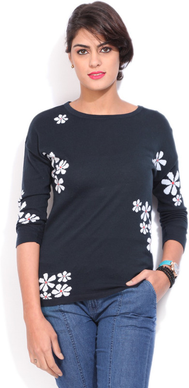United Colors of Benetton Self Design Round Neck Casual Women Blue Sweater