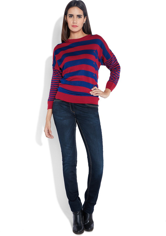 Park Avenue Striped Round Neck Women Red Sweater