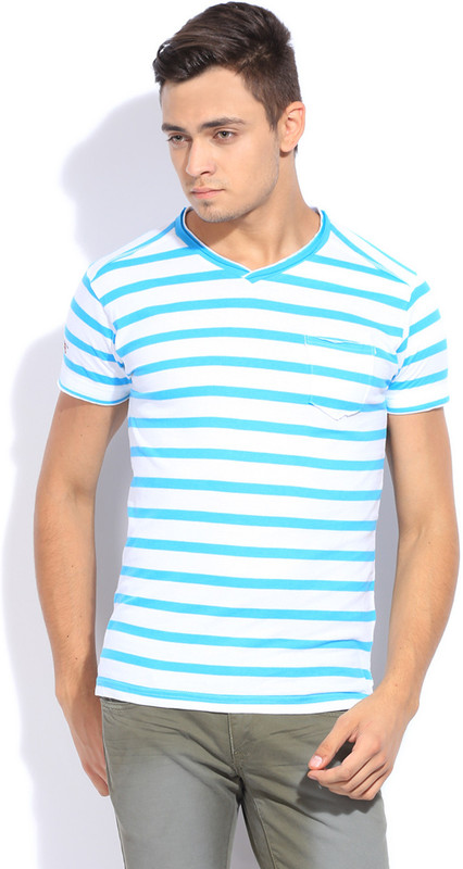 Mufti Striped Men V-neck Blue, White T-Shirt