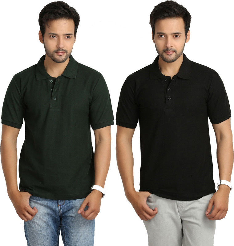 Weardo Solid Men Polo Neck Black, Dark Green T-Shirt(Pack of 2)