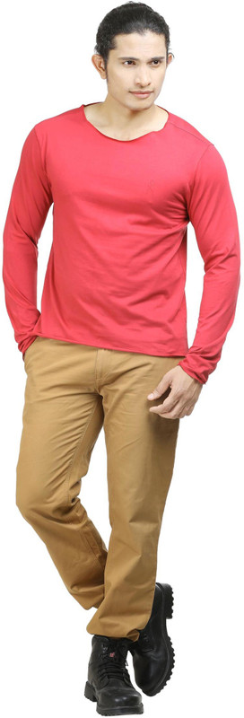 Oviyon Solid Men Boat Neck Red T-Shirt