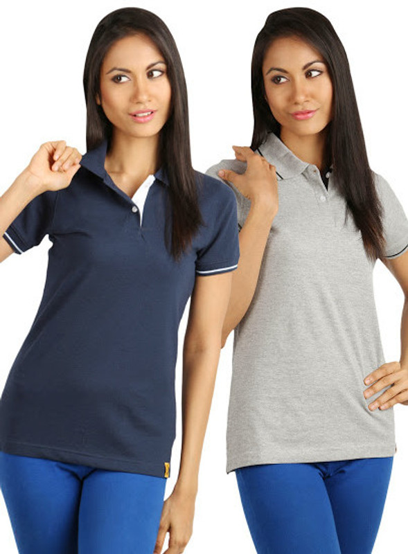 Campus Sutra Solid Women Polo Neck Black, Red T-Shirt(Pack of 2)