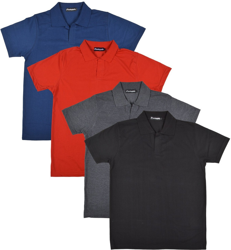 Pintapple Solid Men Polo Neck Black, Grey, Red, Dark Blue T-Shirt(Pack of 4)