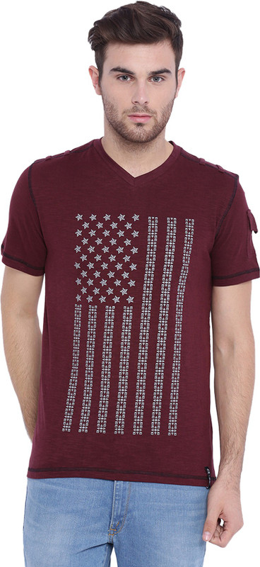 Arise Printed Men V-neck Maroon T-Shirt