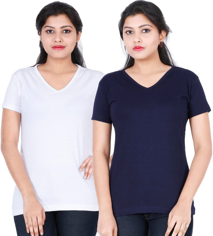 FLEXIMAA Solid Women V-neck Blue, White T-Shirt(Pack of 2)