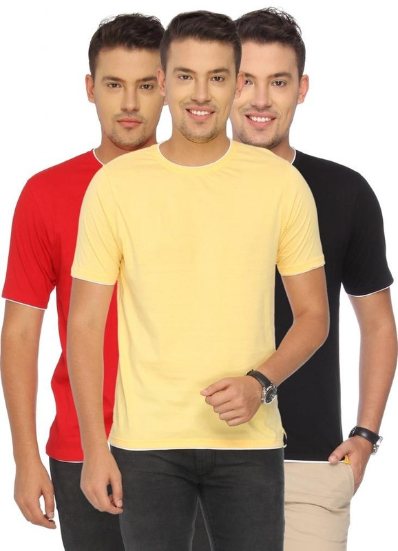 Campus Sutra Solid Men Round or Crew Black, Red, Yellow T-Shirt(Pack of 3)