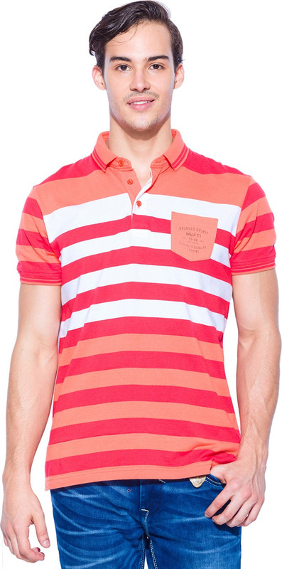 Mufti Striped Men Polo Neck Orange, White T-Shirt