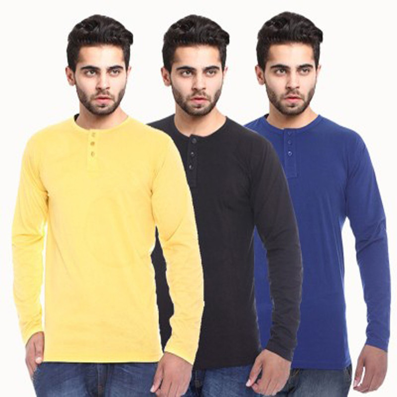Sampoorna Collection Solid Men Henley Yellow, Black, Blue T-Shirt(Pack of 3)