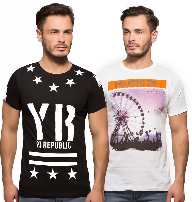 Yo Republic Printed Men Round Neck Black, White T-Shirt(Pack of 2)