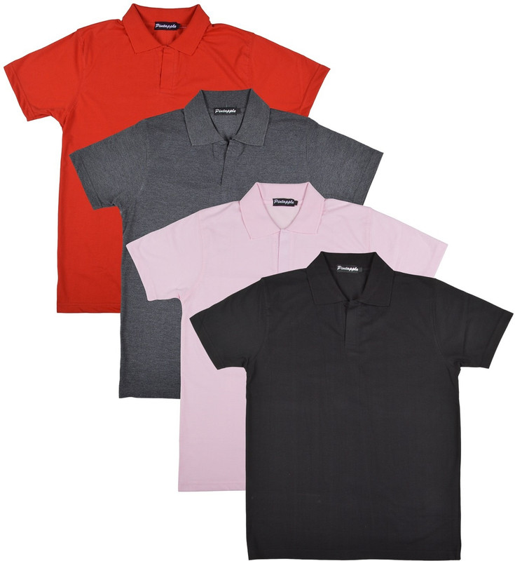 Pintapple Solid Men Polo Neck Black, Pink, Grey, Red T-Shirt(Pack of 4)