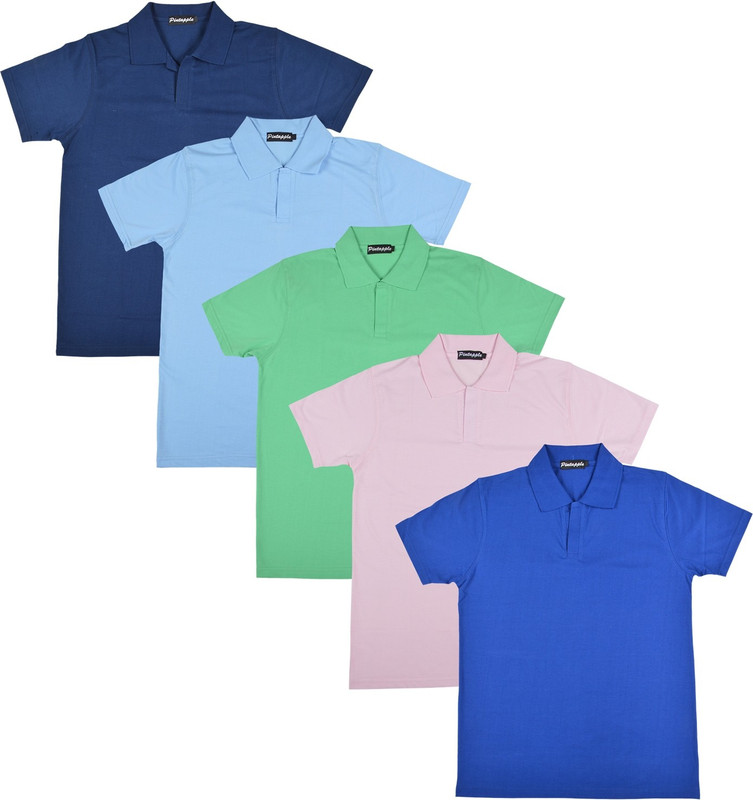 Pintapple Solid Men Polo Neck Blue, Pink, Light Green, Light Blue, Dark Blue T-Shirt(Pack of 5)