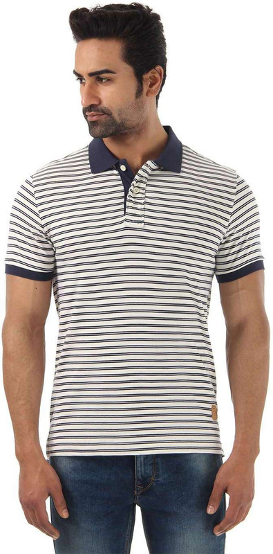 Flying Machine Striped Men Polo Neck White T-Shirt