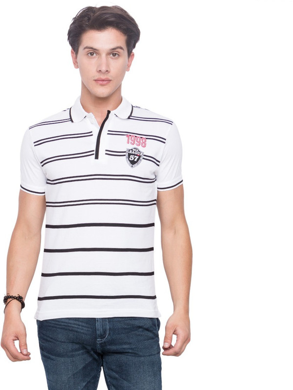 Mufti Striped Men Polo Neck White T-Shirt