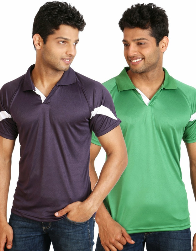 Campus Sutra Solid Men Polo Neck Purple, Green T-Shirt(Pack of 2)
