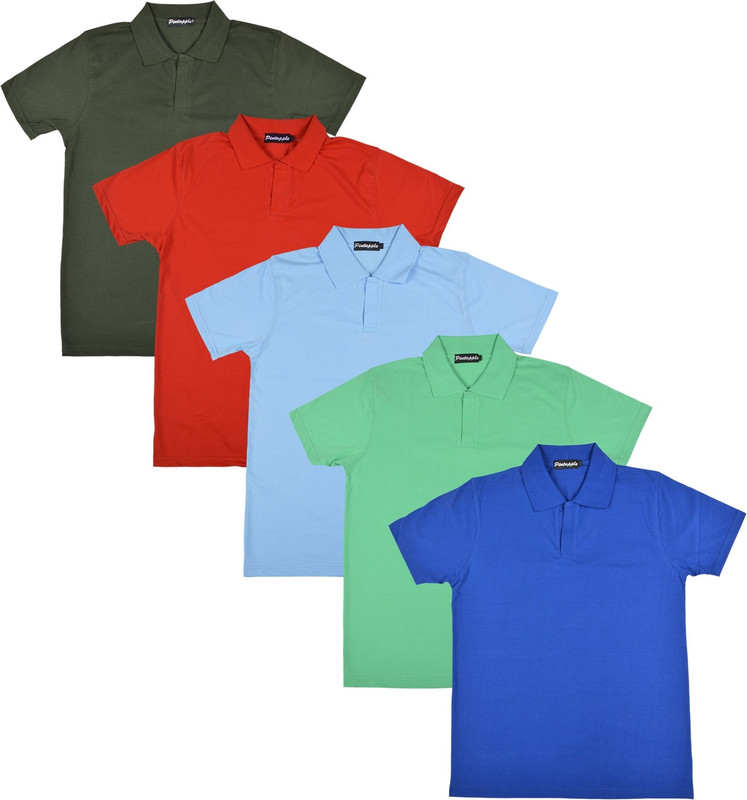 Pintapple Solid Men Polo Neck Blue, Light Green, Light Blue, Red, Dark Green T-Shirt(Pack of 5)