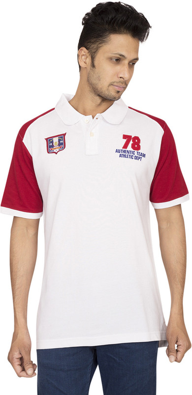Red Line Solid Men Polo Neck White, Red T-Shirt