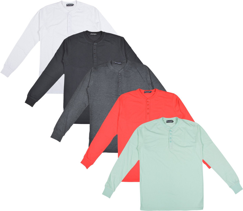 Pintapple Solid Men Henley Light Green, Red, Grey, Black, White T-Shirt(Pack of 5)