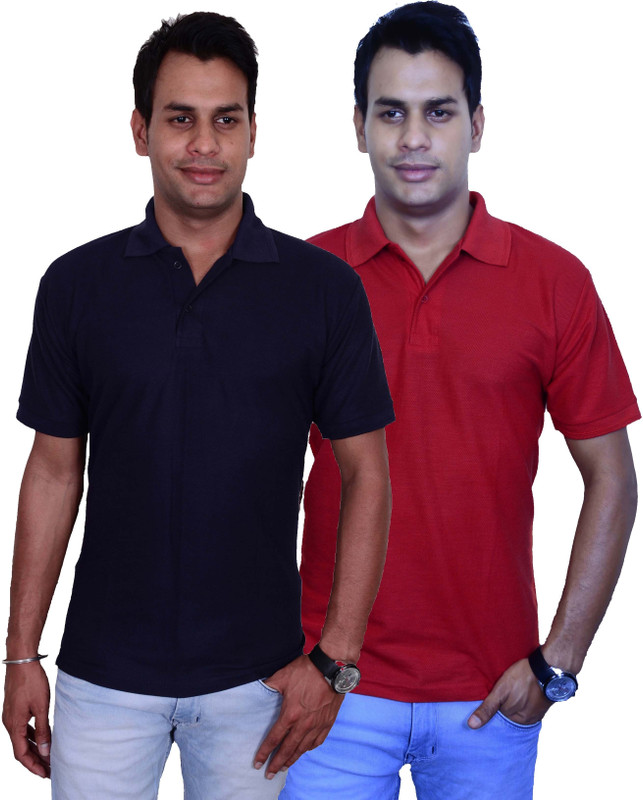 Blaze Solid Men Polo Neck Dark Blue, Maroon T-Shirt(Pack of 2)