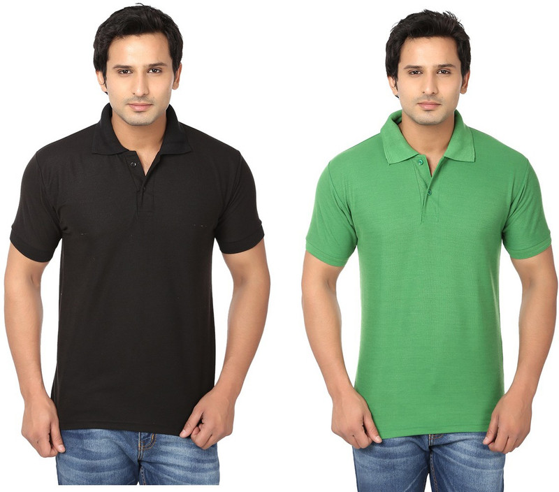 Keepsake Solid Men Polo Neck Black, Green T-Shirt(Pack of 2)